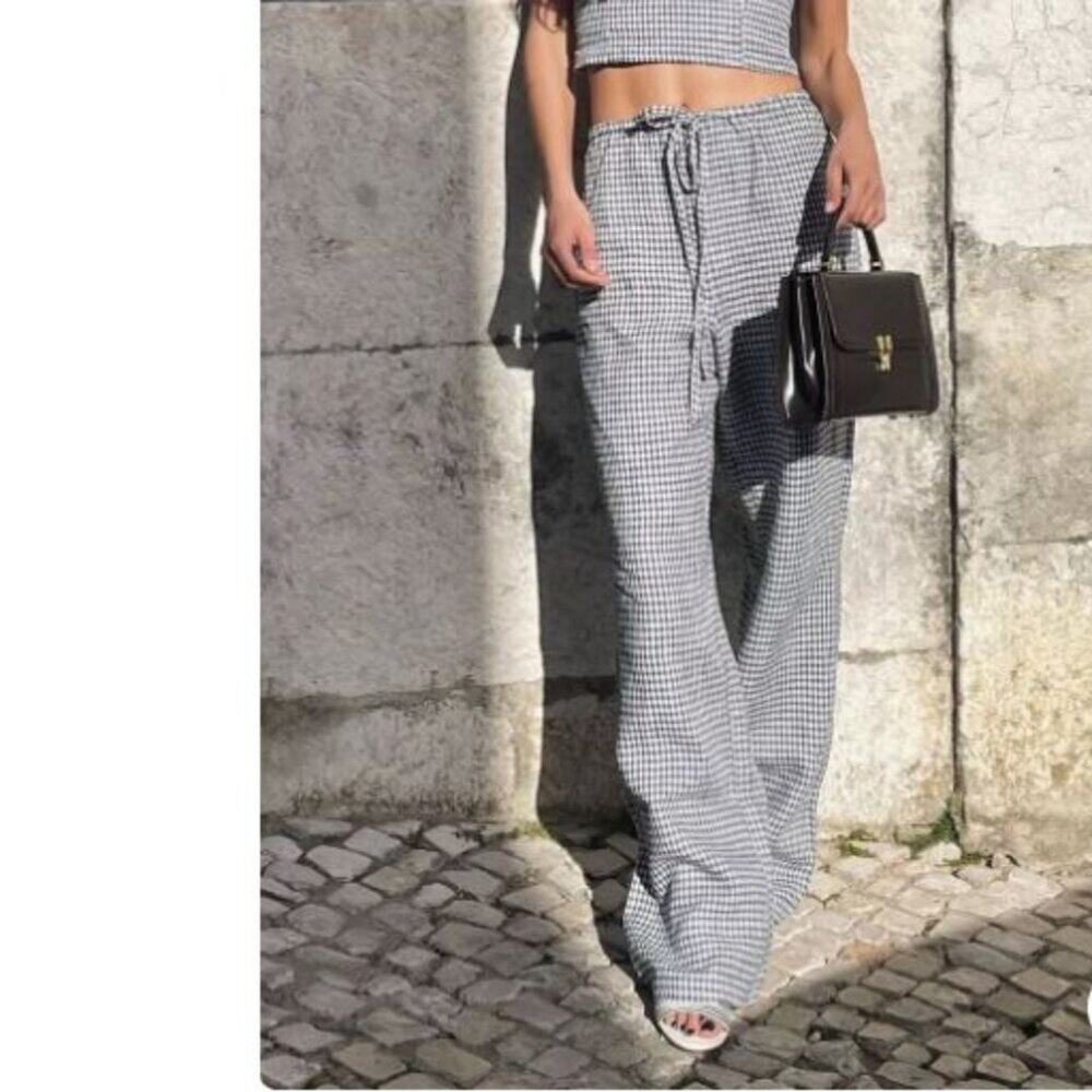 Reformation Jaida Linen Wide Leg Pants Slate Blue Check Sz S